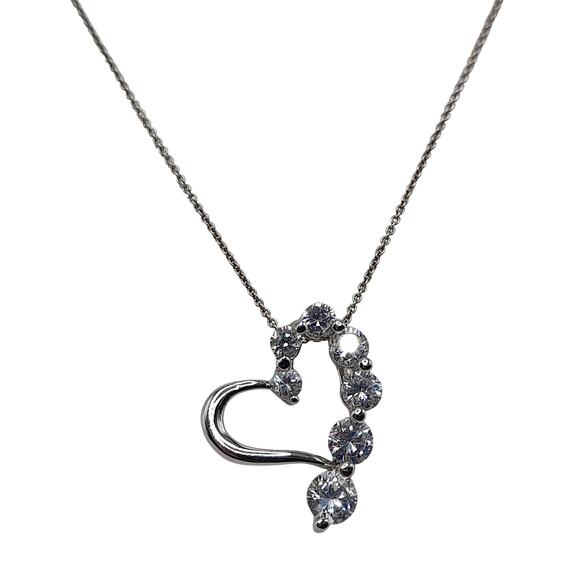 Vintage Italian Sterling Silver Heart Necklace, CZ Rhinestones, 17" - Picture 5 of 12